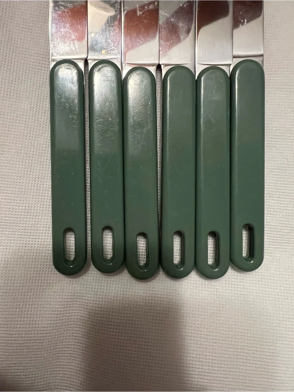 Vintage MIC Japan Green Handle Butter Knives Set of 6 Serrated Stainless Steel